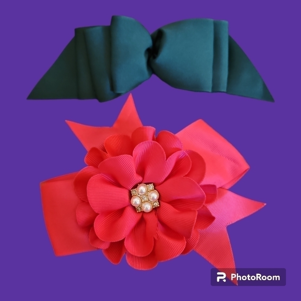 Vintage Hot Pink Forest Green Ribbon Floral Coquette Hair Bow Barrettes